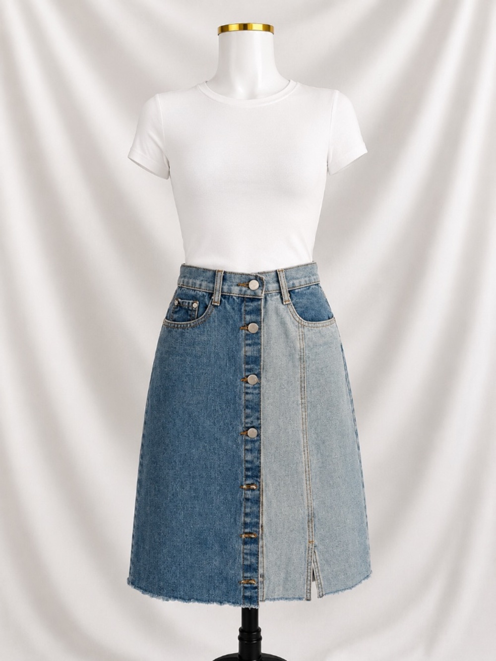 Arte Atelier Two-Tone Splice Denim A-Line Midi Skirt - SMALL